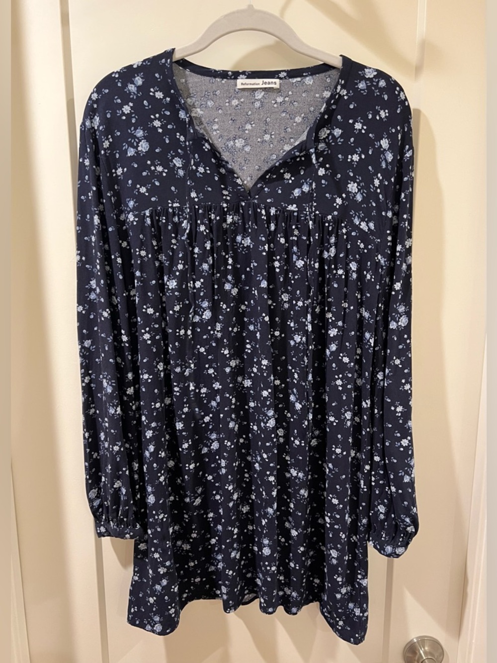 Reformation Navy Blue Floral Long Sleeve Dress